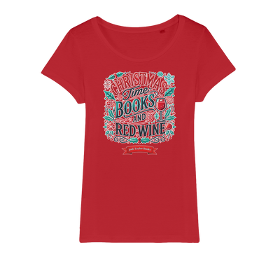 Christmas Time Books and Red Wine (UK) Organic Jersey Womens T-Shirt