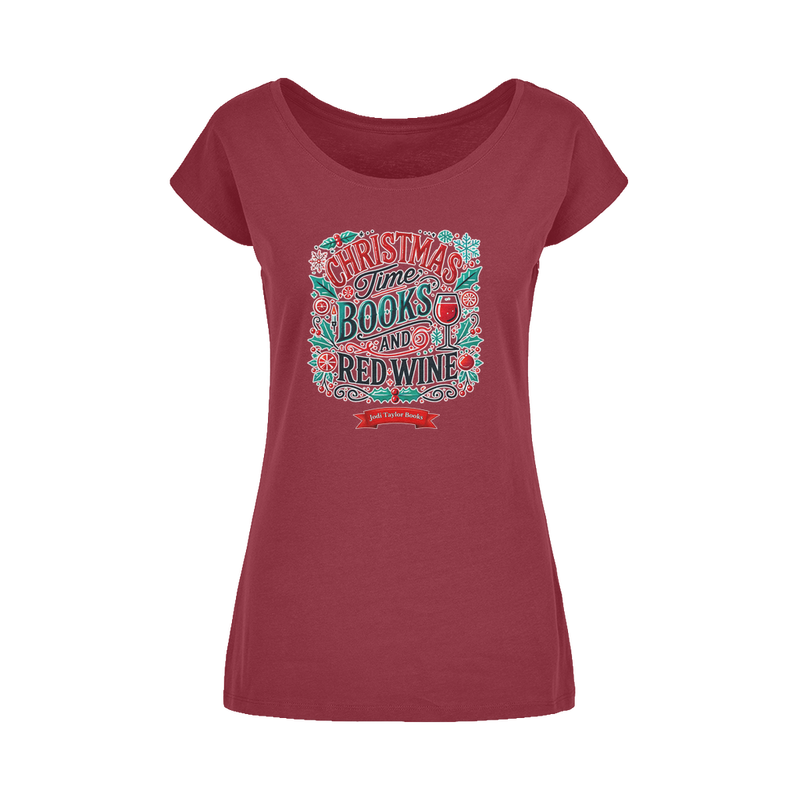 Christmas Time Books and Red Wine (UK) Wide Neck Womens T-Shirt XS-5XL