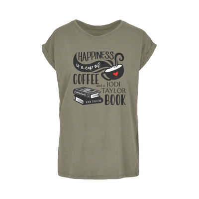 Happiness is a Cup of Coffee and a Jodi Taylor Book Women's Extended Shoulder T-Shirt XS-5XL