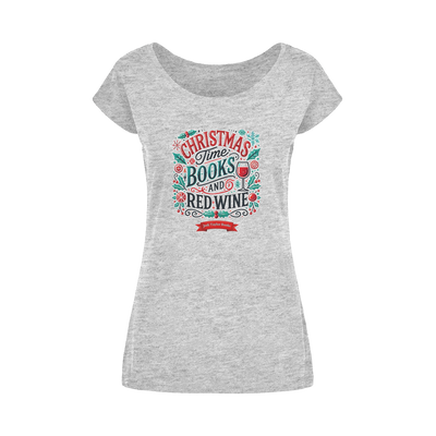 Christmas Time Books and Red Wine (UK) Wide Neck Womens T-Shirt XS-5XL