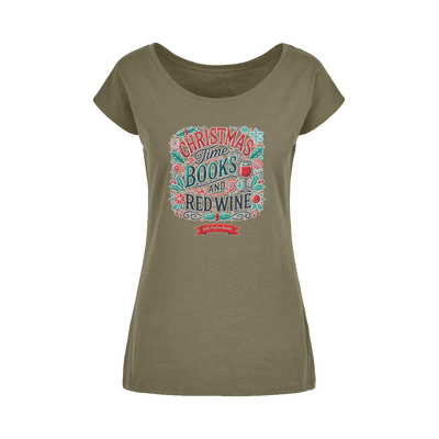 Christmas Time Books and Red Wine (UK) Wide Neck Womens T-Shirt XS-5XL