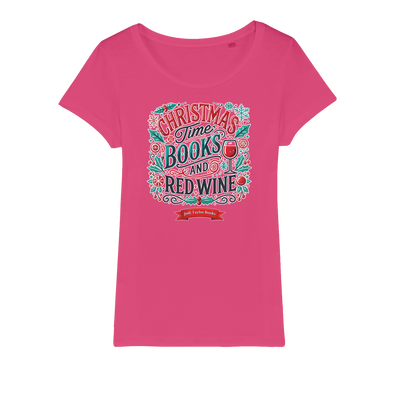 Christmas Time Books and Red Wine (UK) Organic Jersey Womens T-Shirt