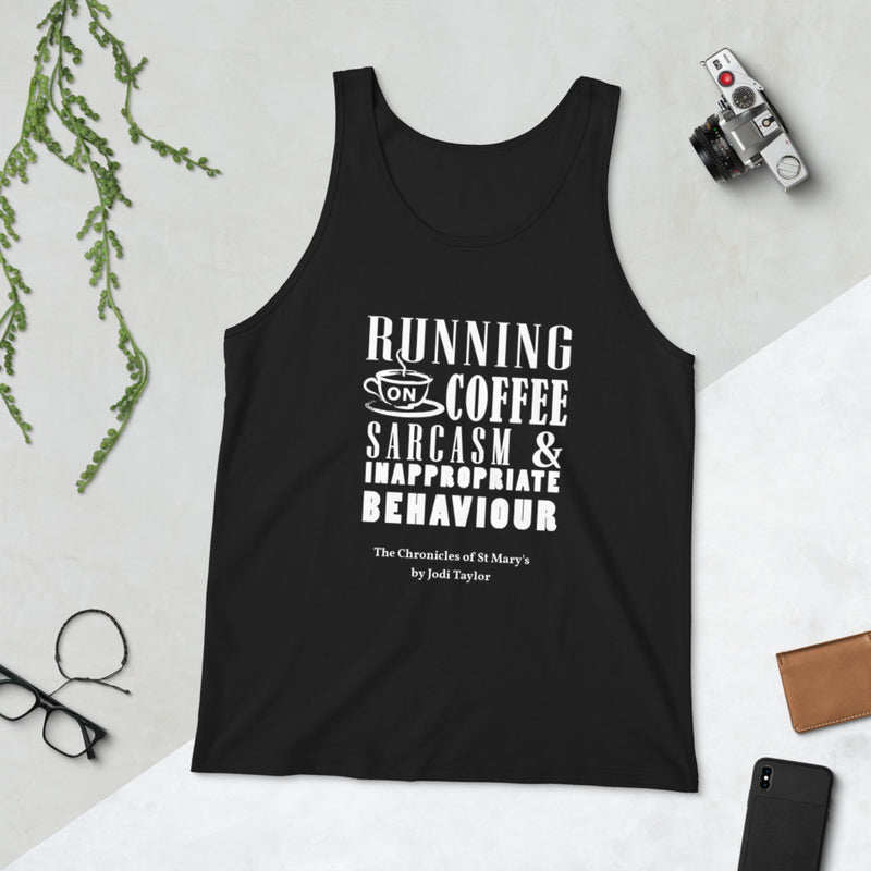 Running on Coffee Sarcasm and Inappropriate Behaviour Unisex Tank Top - Jodi Taylor Books